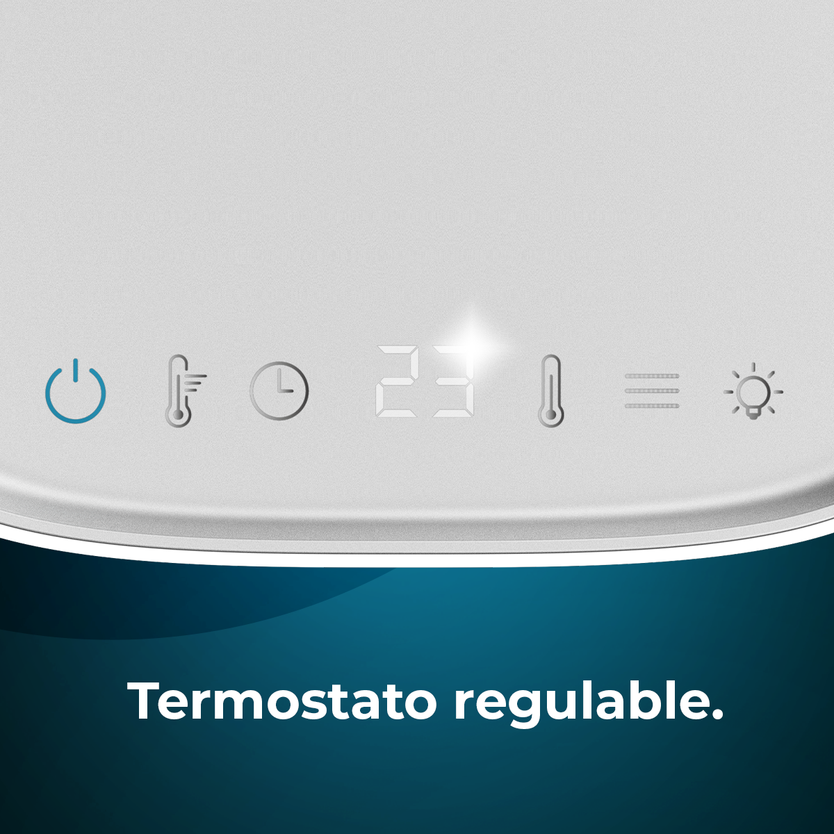 Weißes Bedienfeld mit Symbolen: Strom, Thermometer, Uhr, Temperatur 23, Linien und Licht. Text: Termostato regolabile.