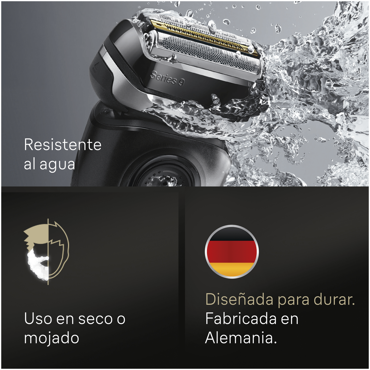 Zbliżenie czarno-srebrnej golarki elektrycznej z tryskającą wodą. Tekst: 'Resistente al agua' i 'Series 9'.