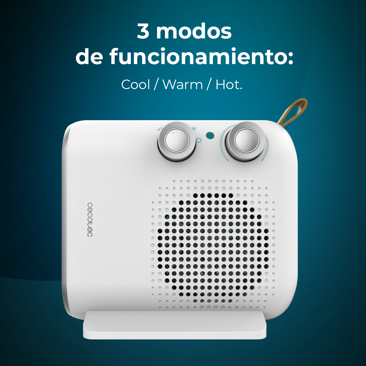 Termoventilatore elettrico bianco con due manopole argentate e un'asola. Il testo in alto recita: '3 modos de funcionamiento: Cool / Warm / Hot.'