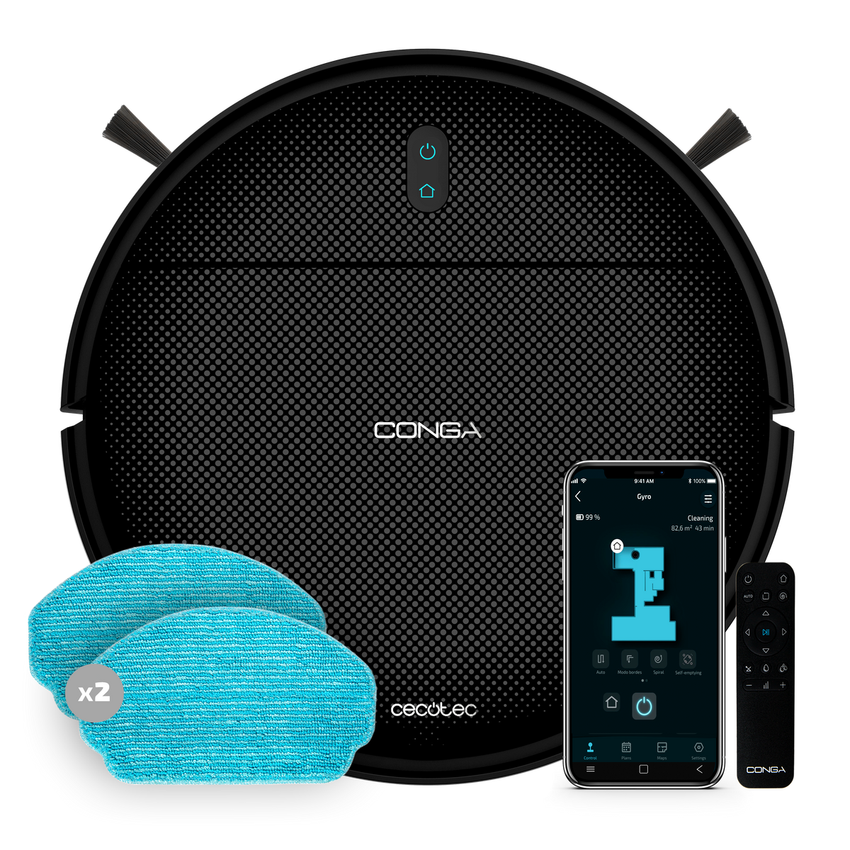 Czarny odkurzacz automatyczny z akcesoriami, w tym telefonem z mapą, dwoma niebieskimi mopami i pilotem.