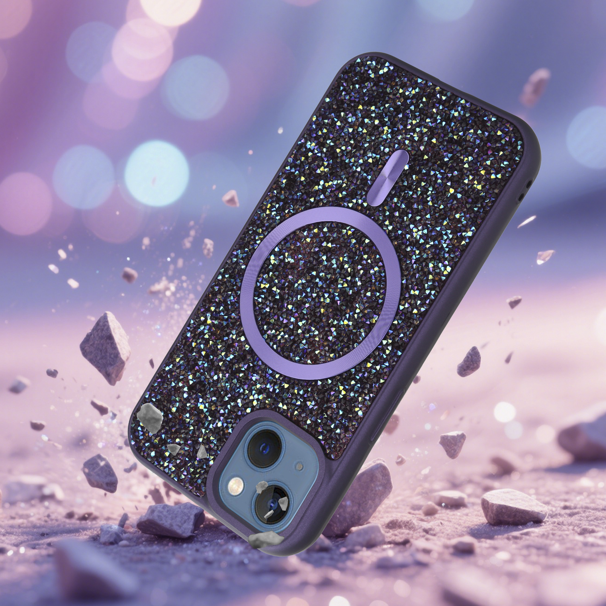 Eine Handyhülle mit glitzernder Oberfläche wird fallend gezeigt, mit Trümmern um sie herum. Die Hülle ist lila mit einem Kreisring.
