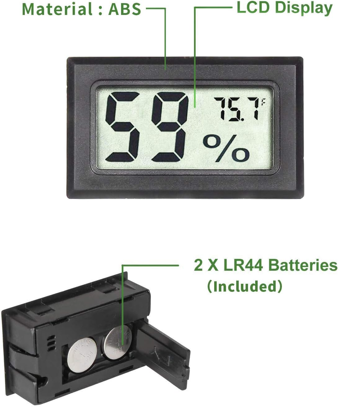 Ein digitales Display zeigt '59%' und '75,7' an. Darunter ist ein Fach mit zwei LR44-Batterien geöffnet.