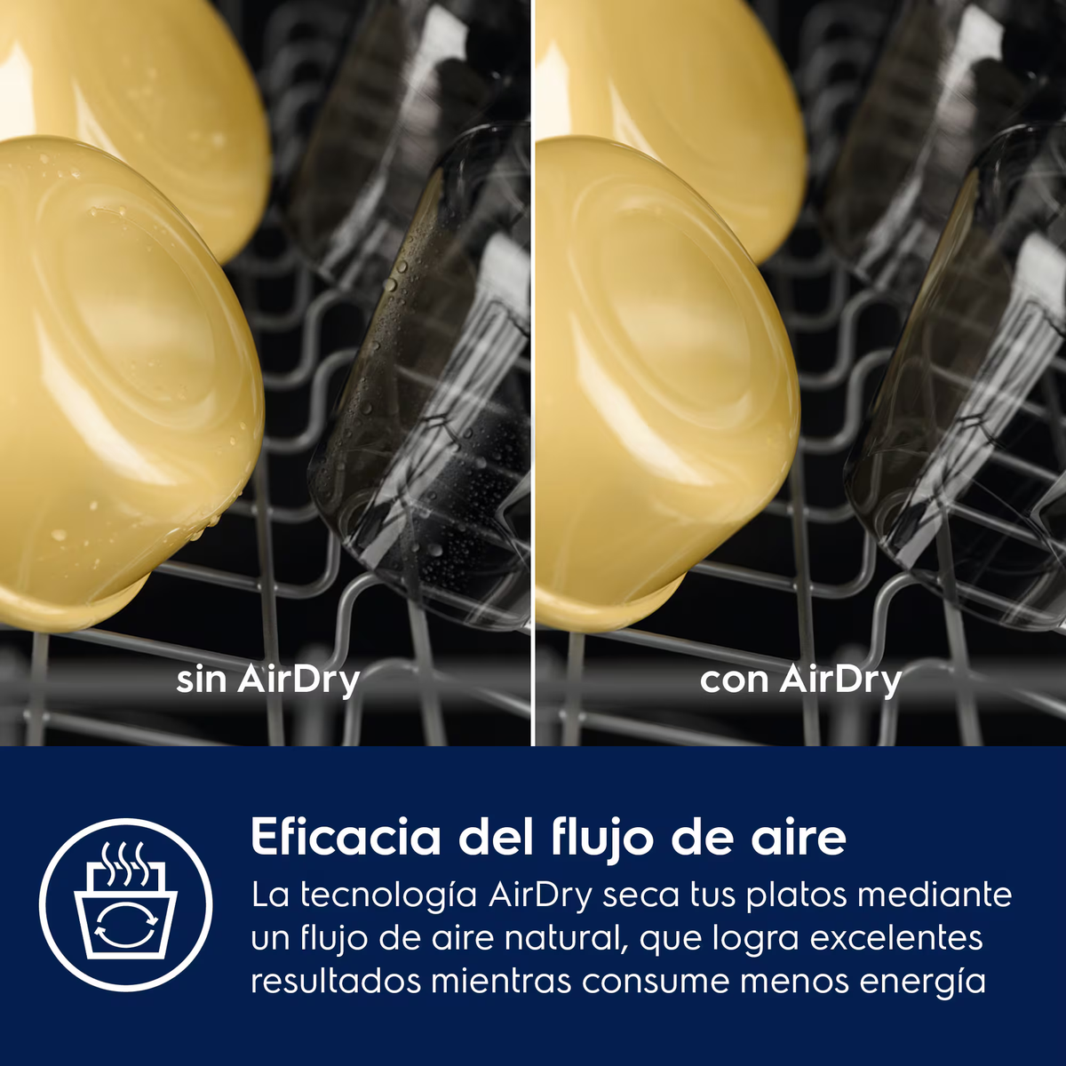 La imagen muestra dos lavavajillas: uno sin AirDry y otro con AirDry. El AirDry tiene menos gotas de agua en los vasos.