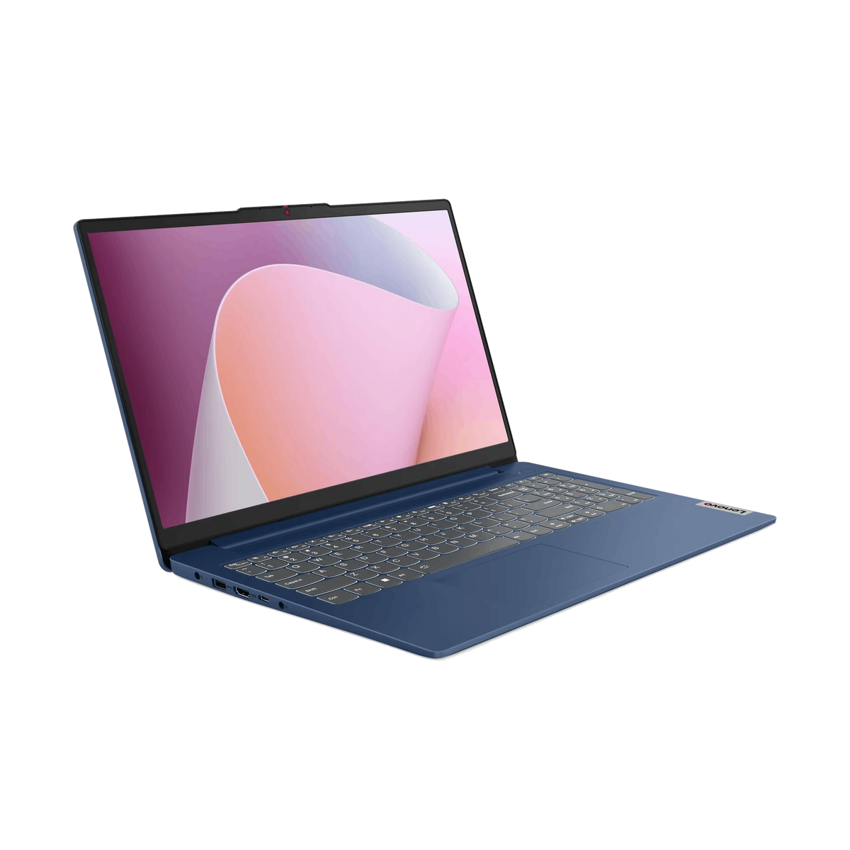 Niebieski laptop jest lekko otwarty, wyświetlając abstrakcyjny różowo-biały wzór na ekranie. Klawiatura jest widoczna.