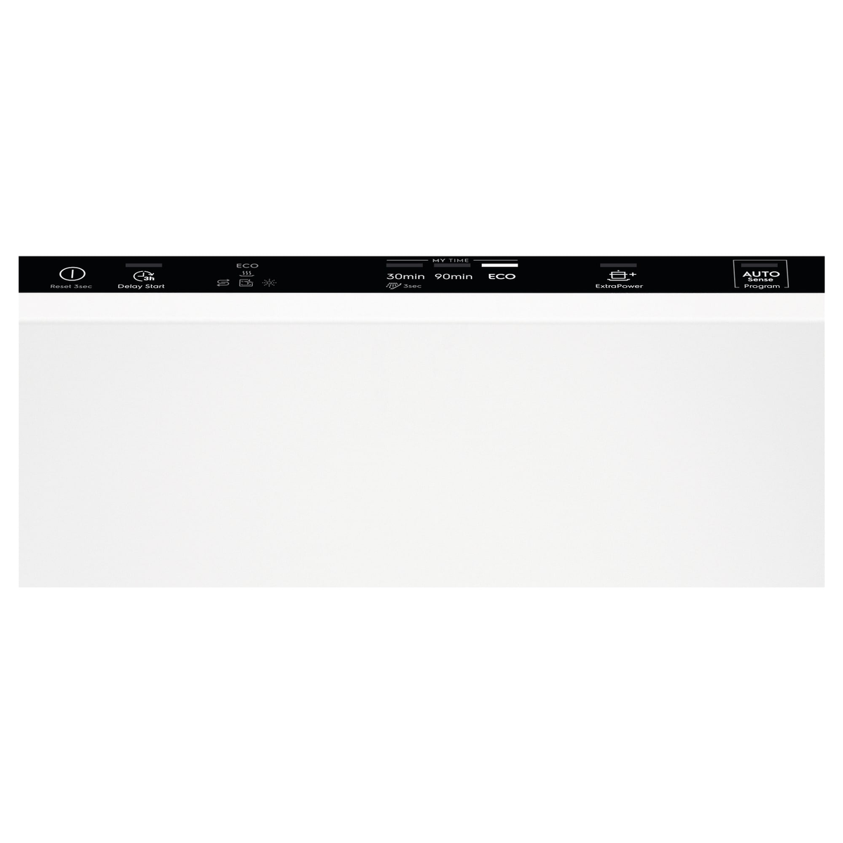 Primer plano del panel de control de un lavavajillas con botones para reiniciar, inicio diferido, ECO y selección de programa.