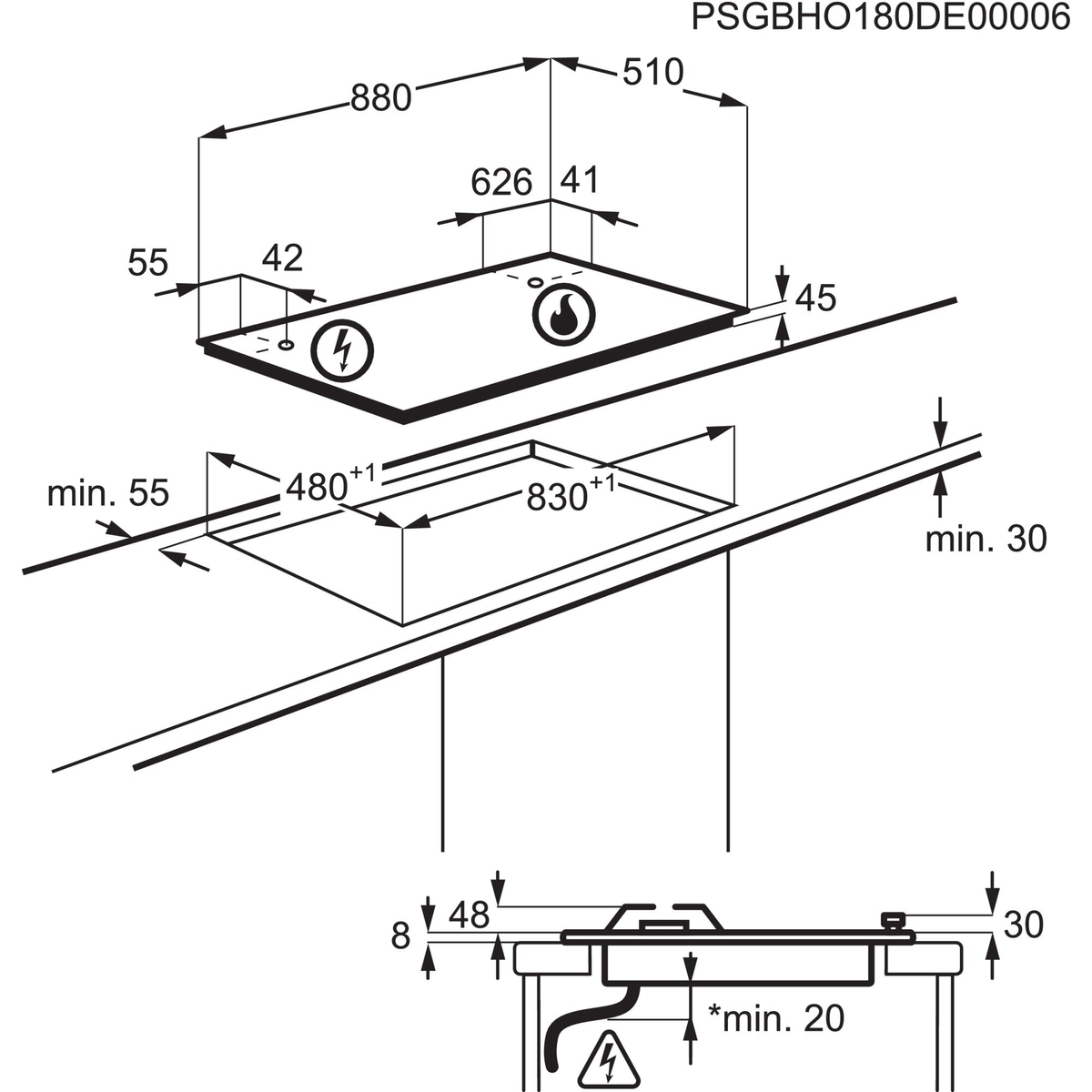 Schema di un piano cottura con dimensioni. Ha due fuochi e diverse misure sono indicate in millimetri.
