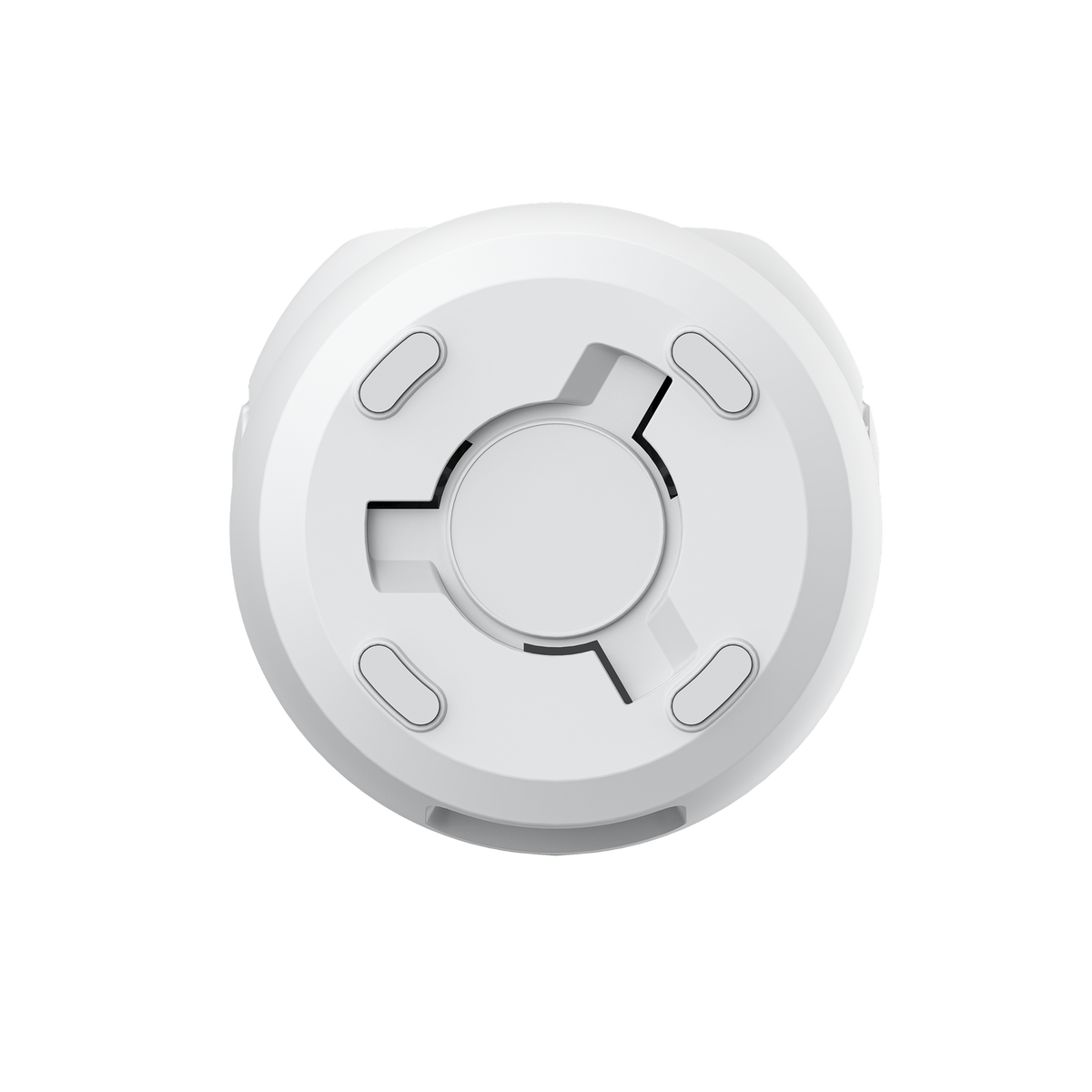 Białe, okrągłe urządzenie z centralnym okręgiem i otaczającym wzorem na czarnym tle. Ma cztery owalne wgłębienia.