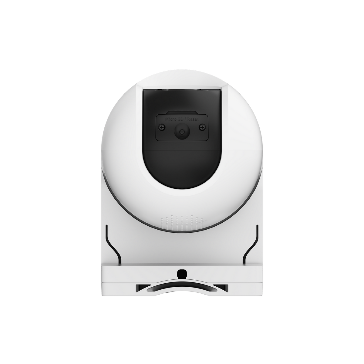 Biała kamera bezpieczeństwa z czarnym środkiem. Posiada gniazdo Micro SD/Reset. Tło jest czarne.