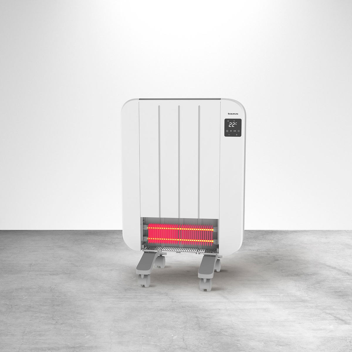 Un termoconvettore elettrico bianco con elemento riscaldante rosso è su un pavimento in cemento. Il termoconvettore mostra 22°C.