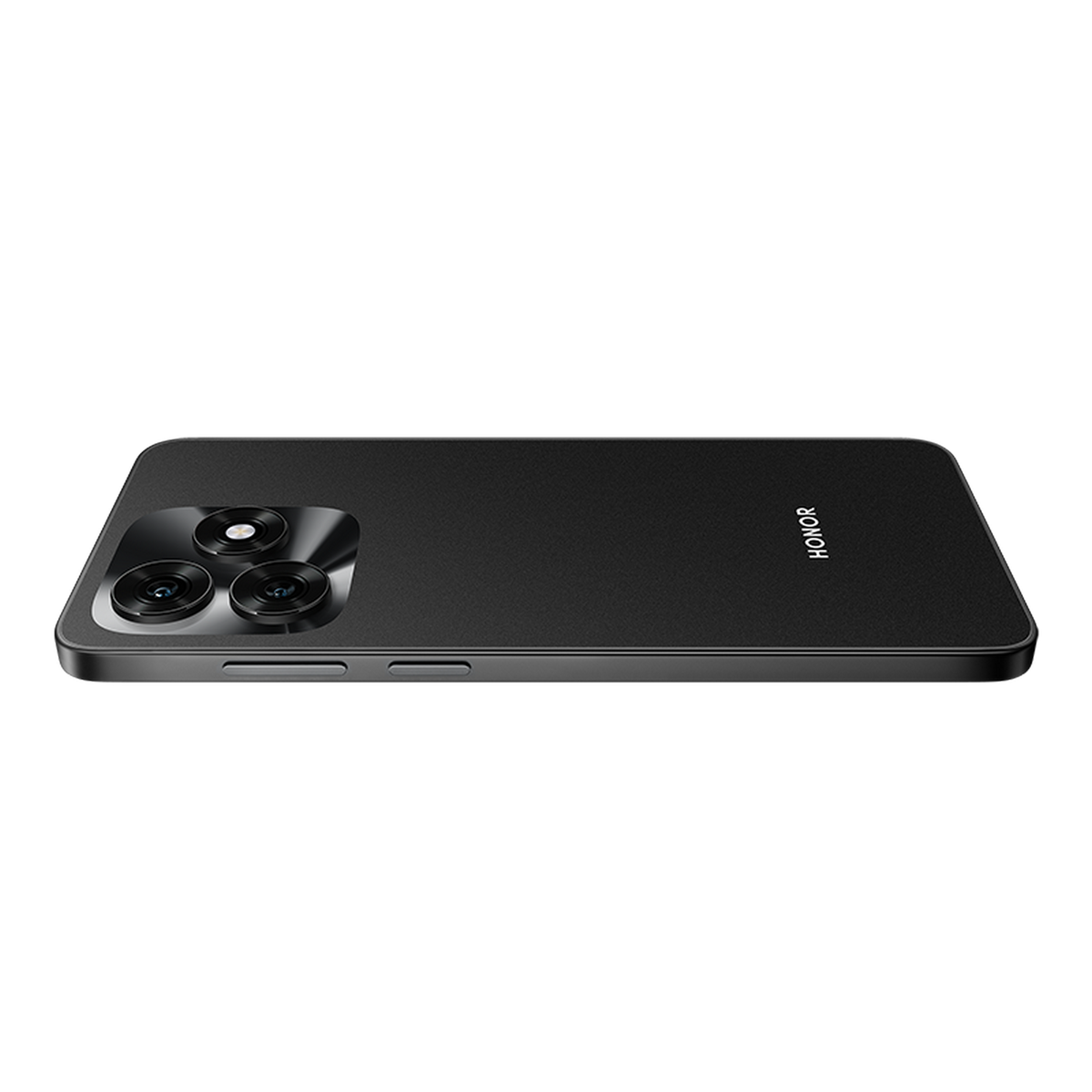 Czarny smartfon Honor jest wyświetlany pod kątem, pokazując potrójny aparat i logo Honor z tyłu.