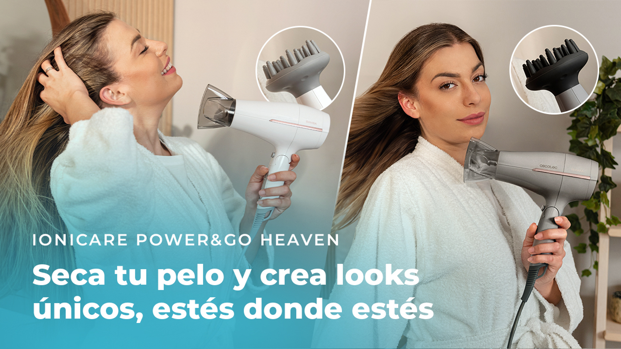 Een vrouw met een föhn, in badjas. Tekst zegt 'IONICARE POWER&GO HEAVEN' en 'Seca tu pelo y crea looks únicos, estés donde estés'.