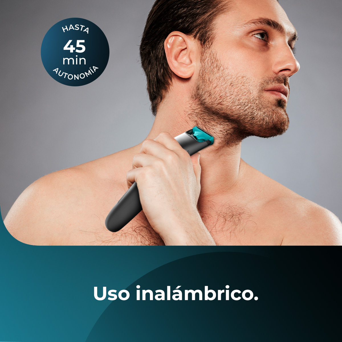 Un uomo si rade il collo con un trimmer nero e argento. Un cerchio blu mostra '45 min di autonomia'.