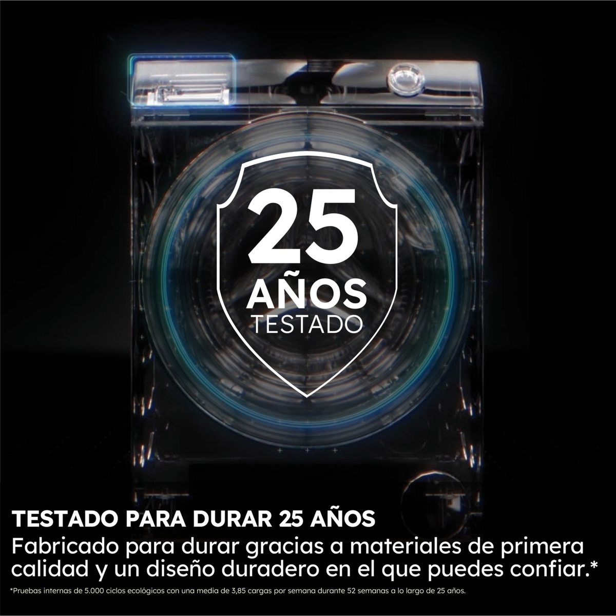 Una lavadora con un escudo que dice 25 AÑOS TESTADO. Debajo, el texto dice 'TESTADO PARA DURAR 25 AÑOS'.