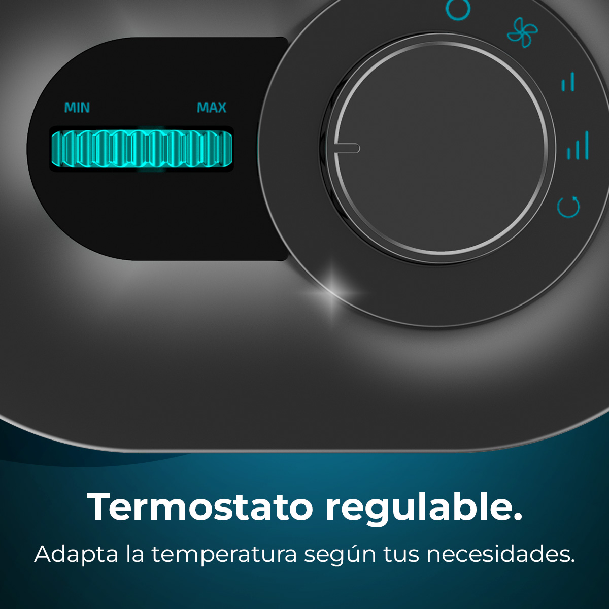 Zbliżenie termostatu. Ma pokrętło i suwak z niebieskimi światłami. Tekst brzmi: 'Regulowany termostat'.