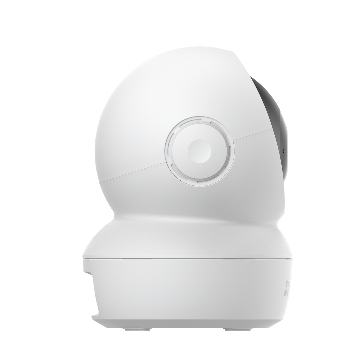 A white security camera on a black background. The camera has a rounded top and a cylindrical base, with a lens in the center.