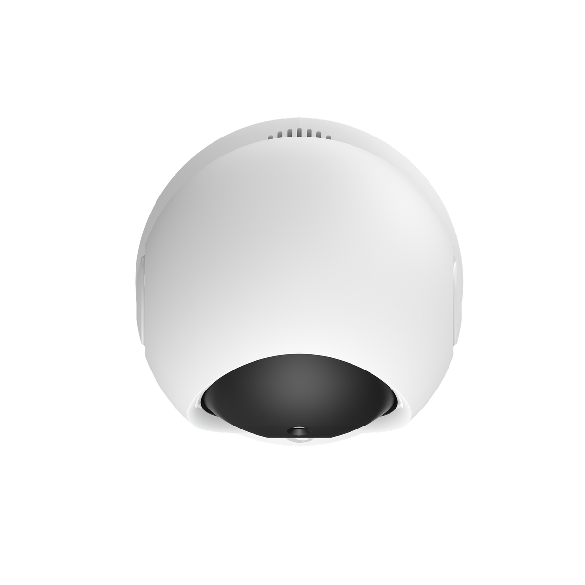 A white, dome-shaped security camera against a black background. The camera has a dark, circular lens area.