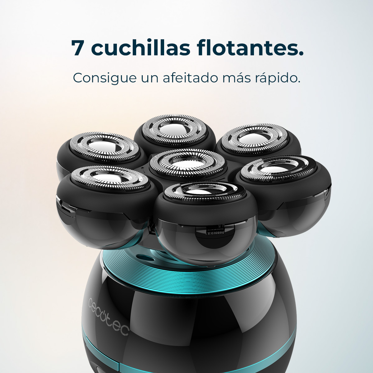 Primo piano di un rasoio elettrico nero e verde acqua con sette lame flottanti. Il rasoio ha il marchio Cecotec.