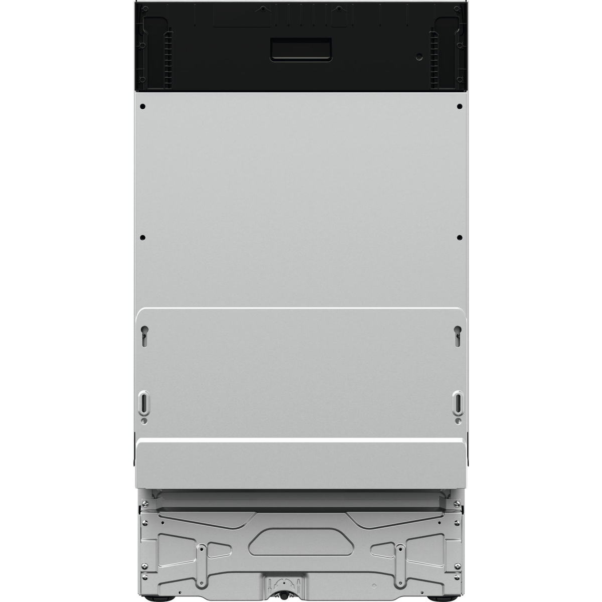Panel trasero blanco de lavavajillas. Tiene una sección superior negra con asa. La parte inferior tiene una sección de metal con ruedas.