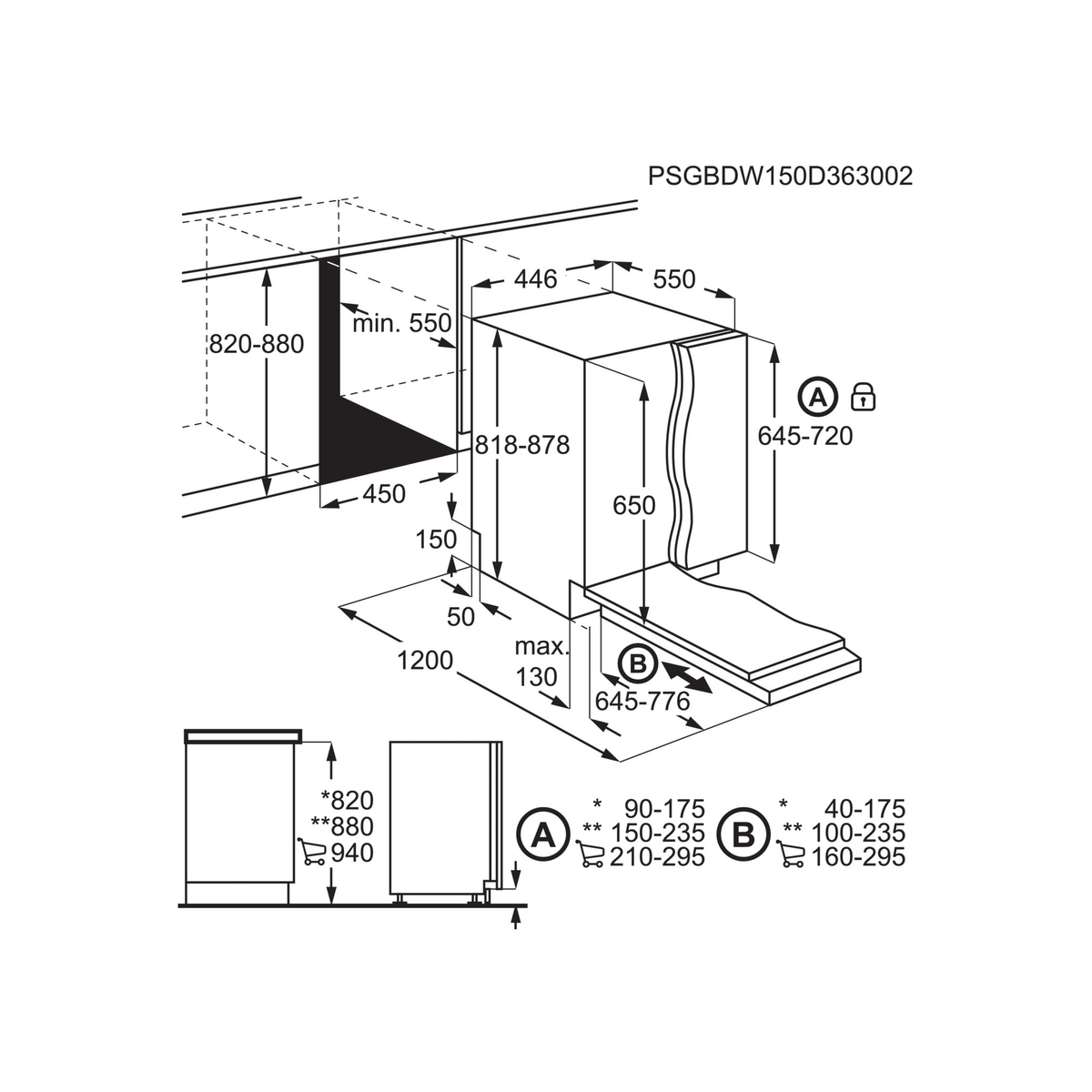 Diagrama de un lavavajillas con dimensiones en mm. Muestra las dimensiones del mueble y los detalles de instalación.