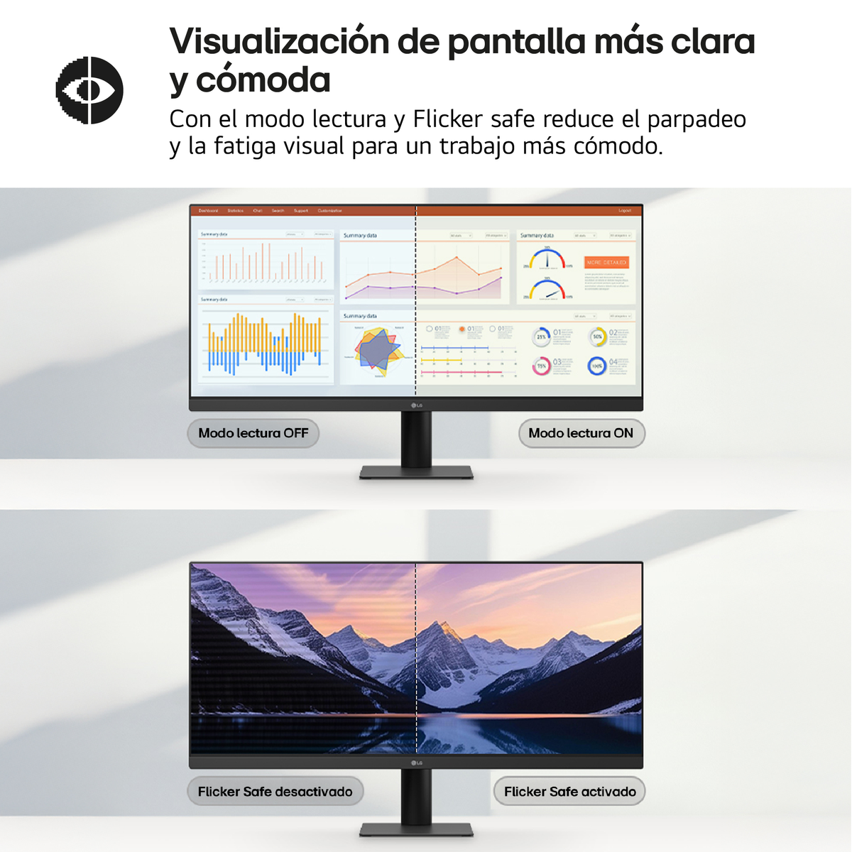 Monitor wyświetla wizualizacje danych i krajobraz górski. Tekst podkreśla tryby czytania i bez migotania.