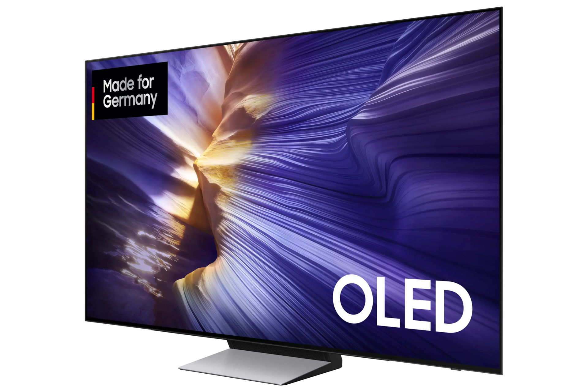 OLED-Fernseher mit wellenförmigem, lila-goldenem Bild. Steht auf silberner Basis, mit 'Made for Germany' Logo.
