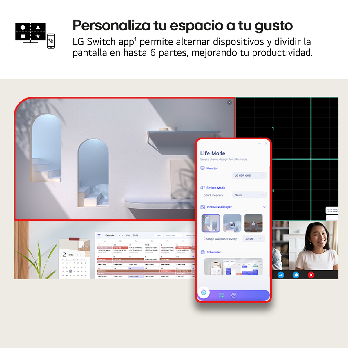 Obraz przedstawia interfejs aplikacji LG Switch z funkcjami takimi jak Life Mode, Virtual Wallpaper i Kalendarz.