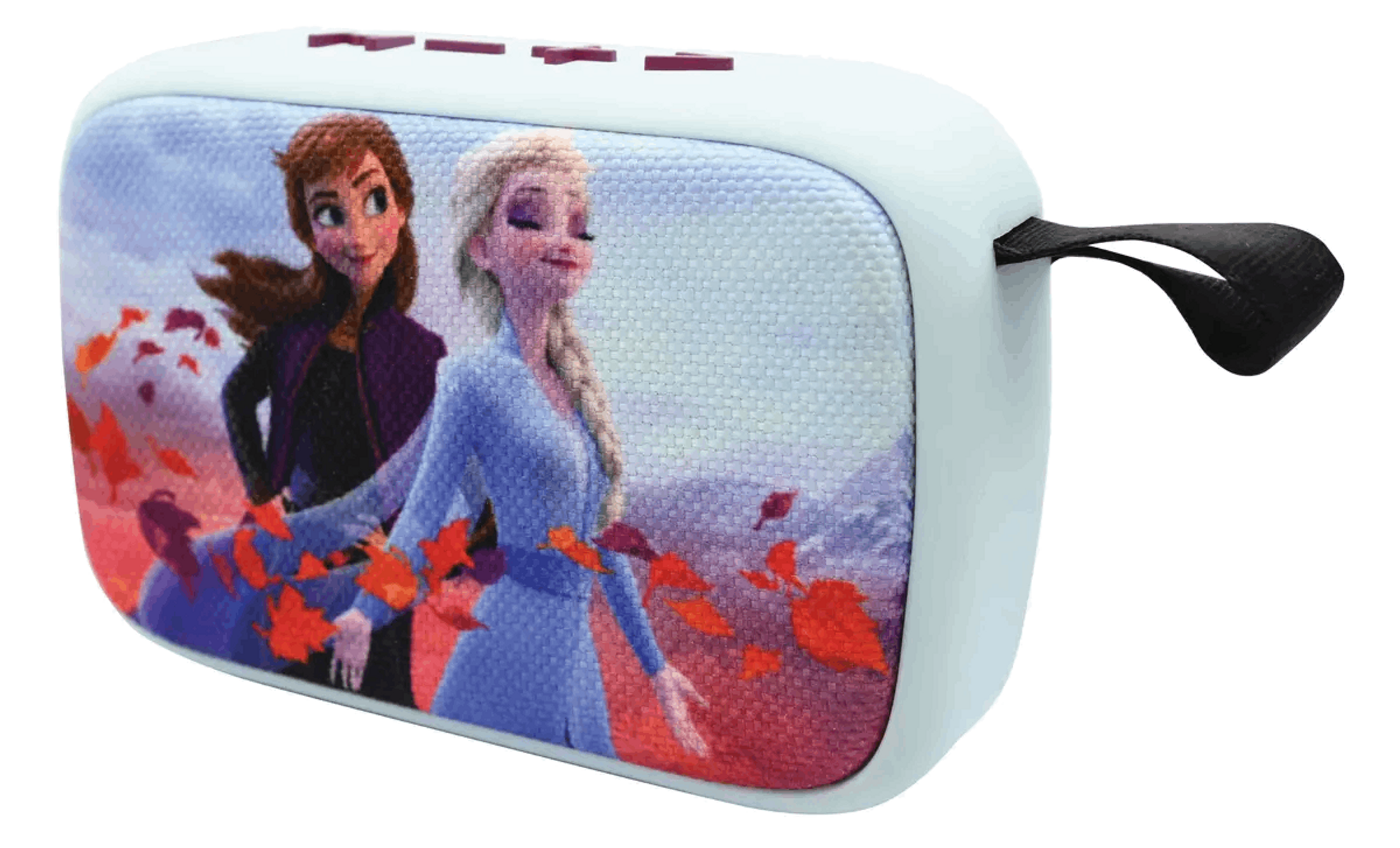 Głośnik z Anną i Elsą z Krainy Lodu z jesiennymi liśćmi z przodu. Czarny pasek jest przymocowany z boku.