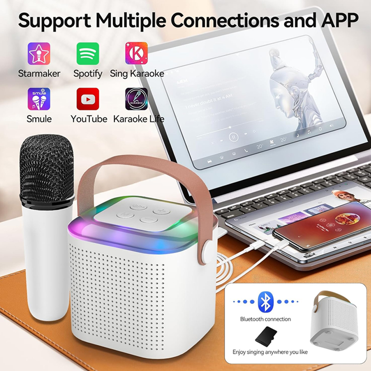 Ein weißer Karaoke-Lautsprecher mit Mikrofon wird neben einem Laptop und einem Telefon angezeigt, die App-Logos und Bluetooth-Verbindung zeigen.