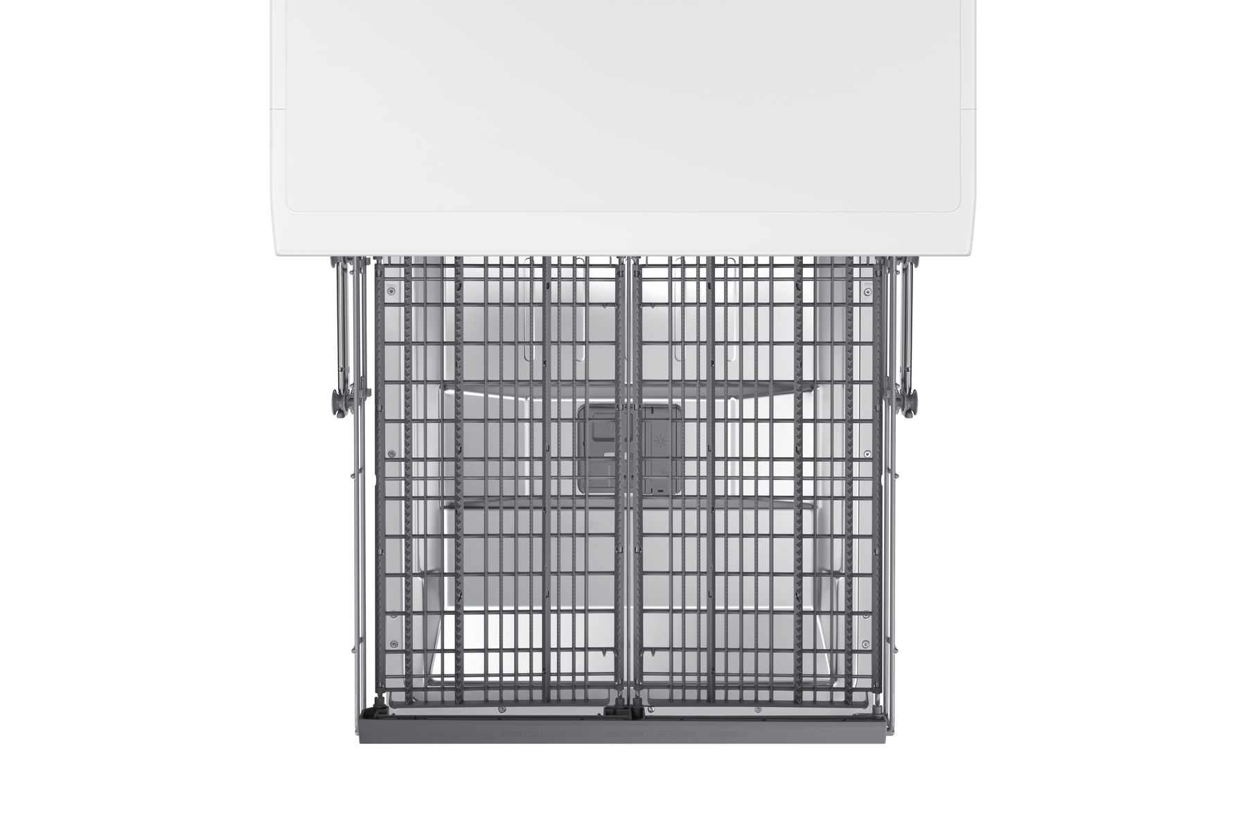 Widok z góry na wnętrze zmywarki. Stojaki ze stali nierdzewnej i białe tworzywo sztuczne. Stojaki są otwarte. Tło jest białe.