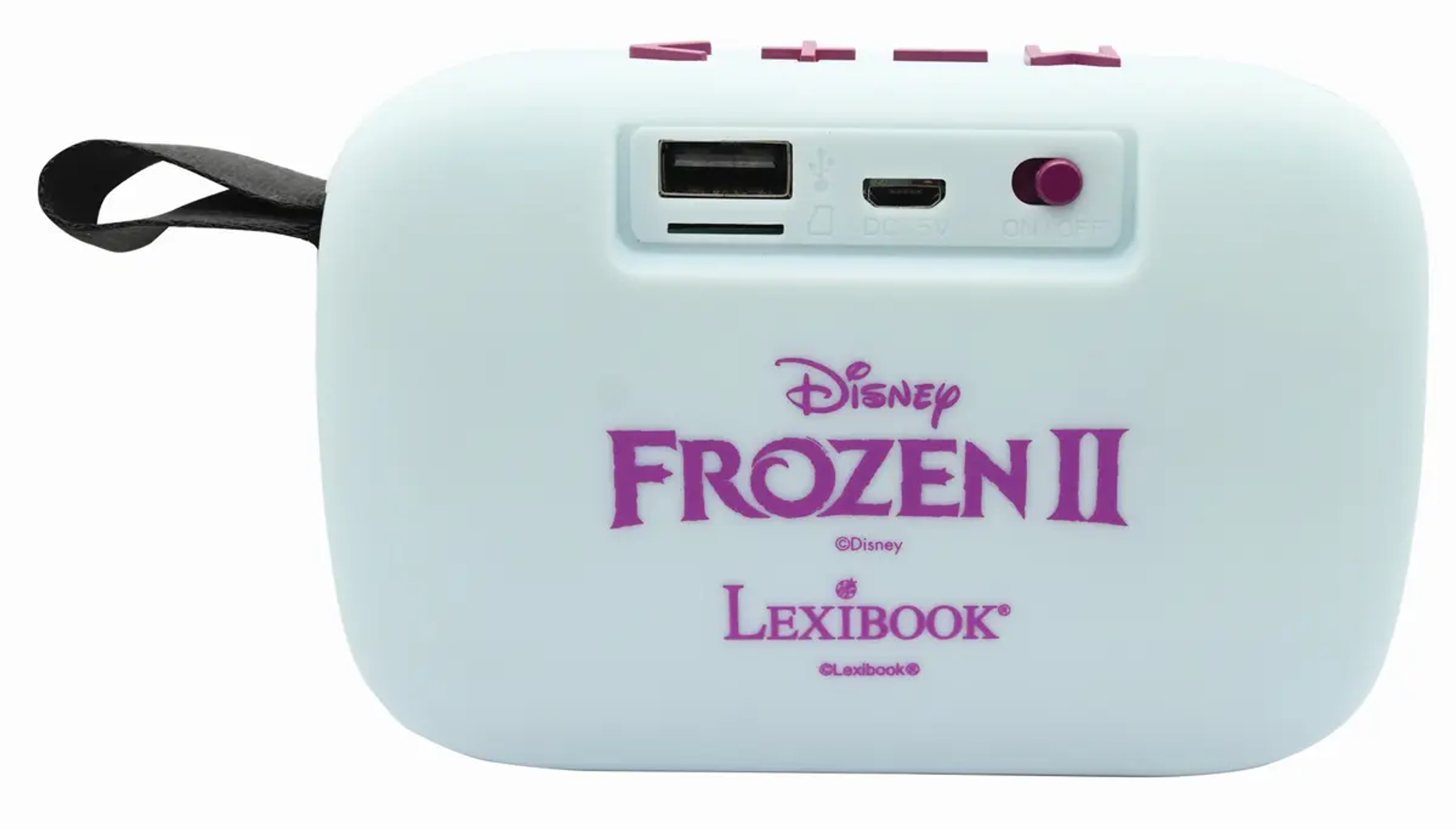 Jasnoniebieski głośnik Disney Frozen II Lexibook z czarnym paskiem. Ma porty, przyciski i logo Frozen II w kolorze fioletowym.