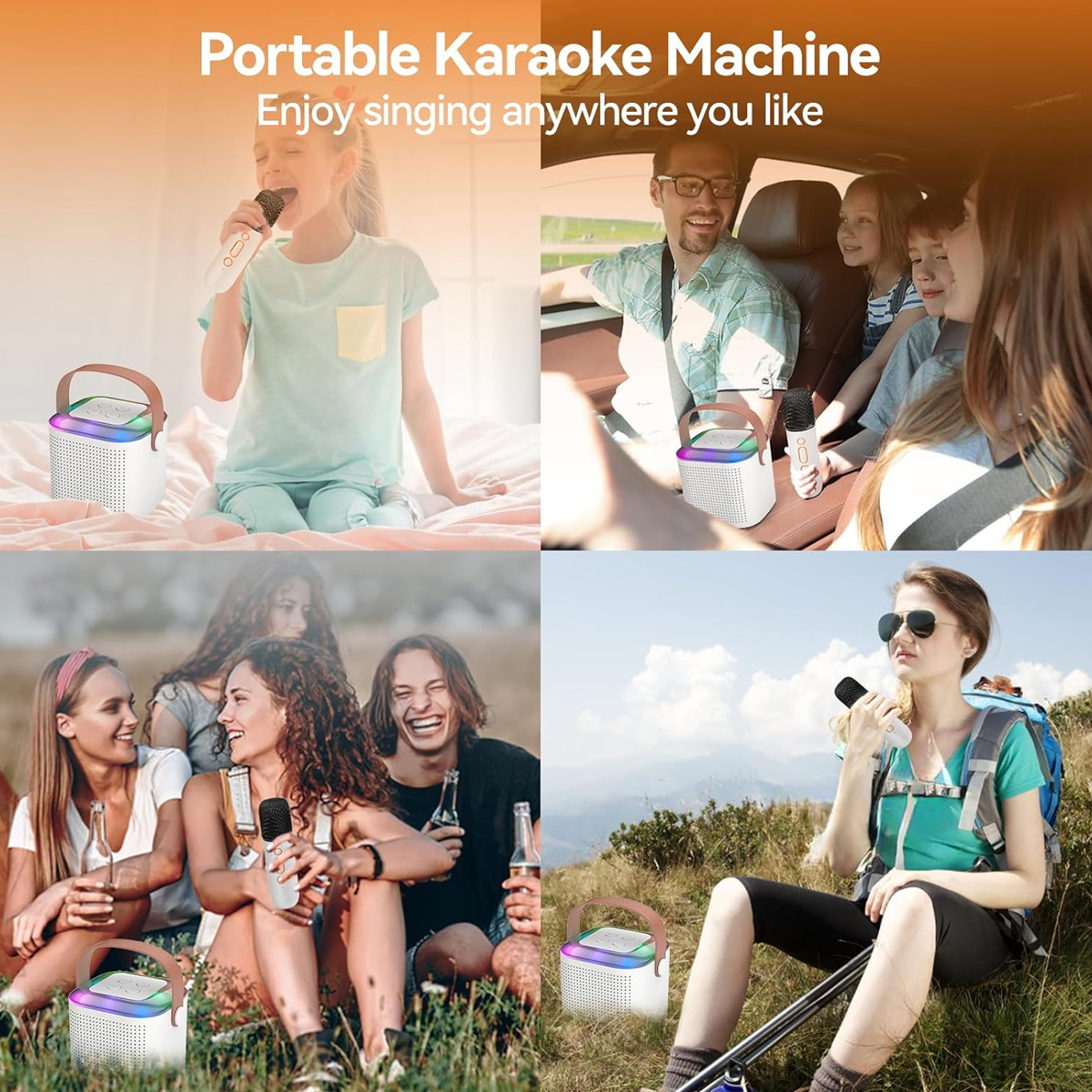 Collage von Menschen, die ein tragbares Karaoke-Gerät benutzen. Szenen umfassen Singen im Bett, im Auto, im Freien und eine Versammlung.