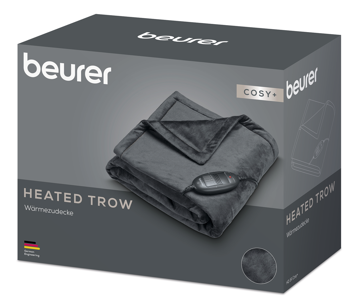 Eine graue Beurer Heizdecke wird in ihrer Box angezeigt. Auf der Box stehen der Markenname und Produktinformationen.