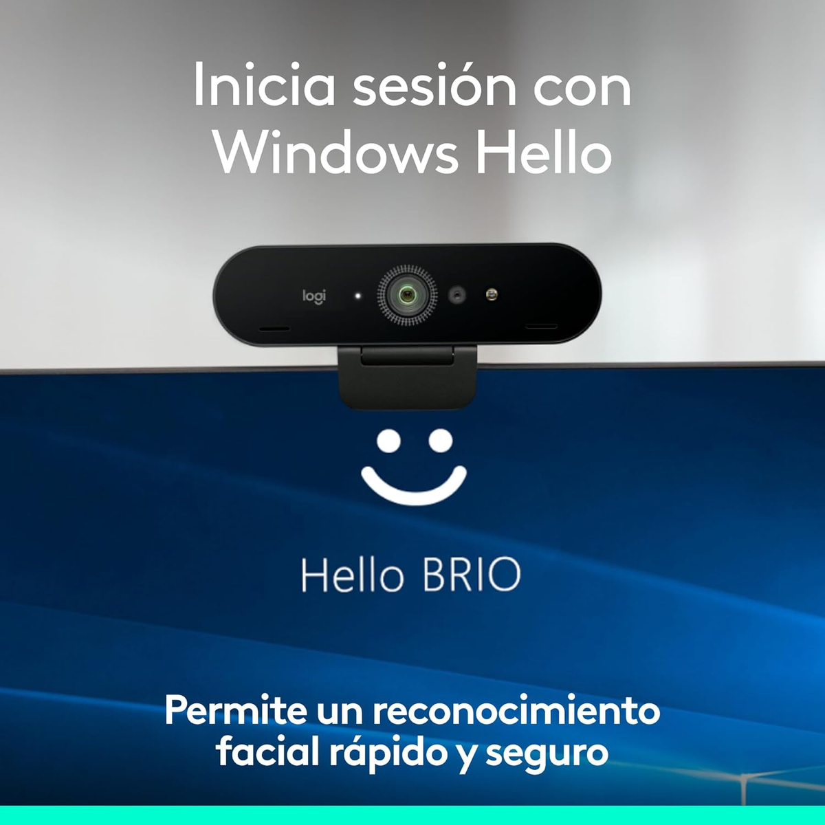 Eine Webcam über einem Computerbildschirm mit einem Smiley. Text: 'Hello BRIO' und 'Gesichtserkennung'.
