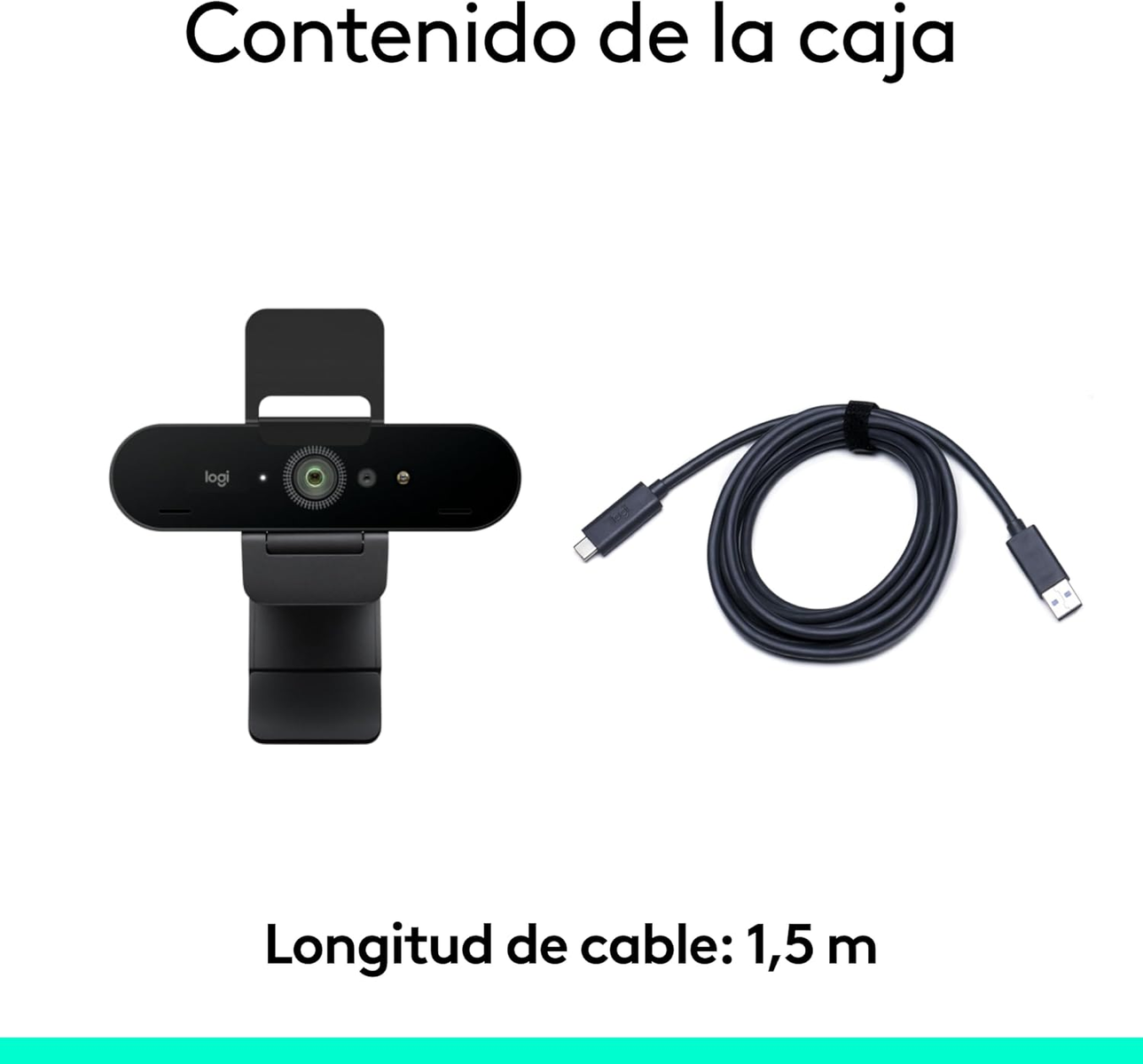 Das Bild zeigt eine Webcam und ein USB-C-Kabel. Die Webcam ist schwarz und das Kabel ist aufgerollt. Text unten: Kabellänge 1,5 m.