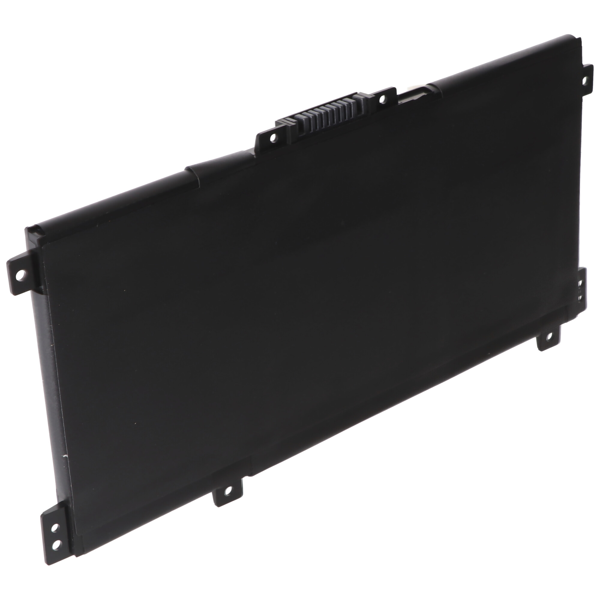 Schwarzer Laptop-Akku auf weißem Hintergrund. Merkmale sind ein Riegel, Befestigungslöcher und ein rechteckiges Design.