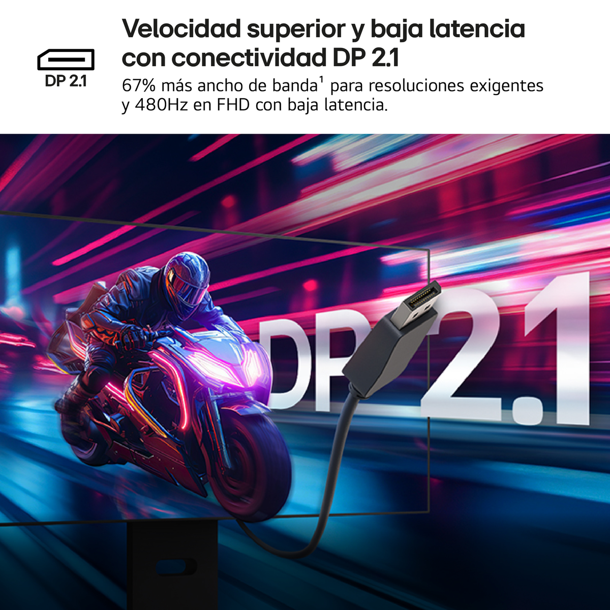 Motocyklista jedzie neonowym motocyklem. Tekst mówi 'DP 2.1' i wspomina o szybkości i niskim opóźnieniu.