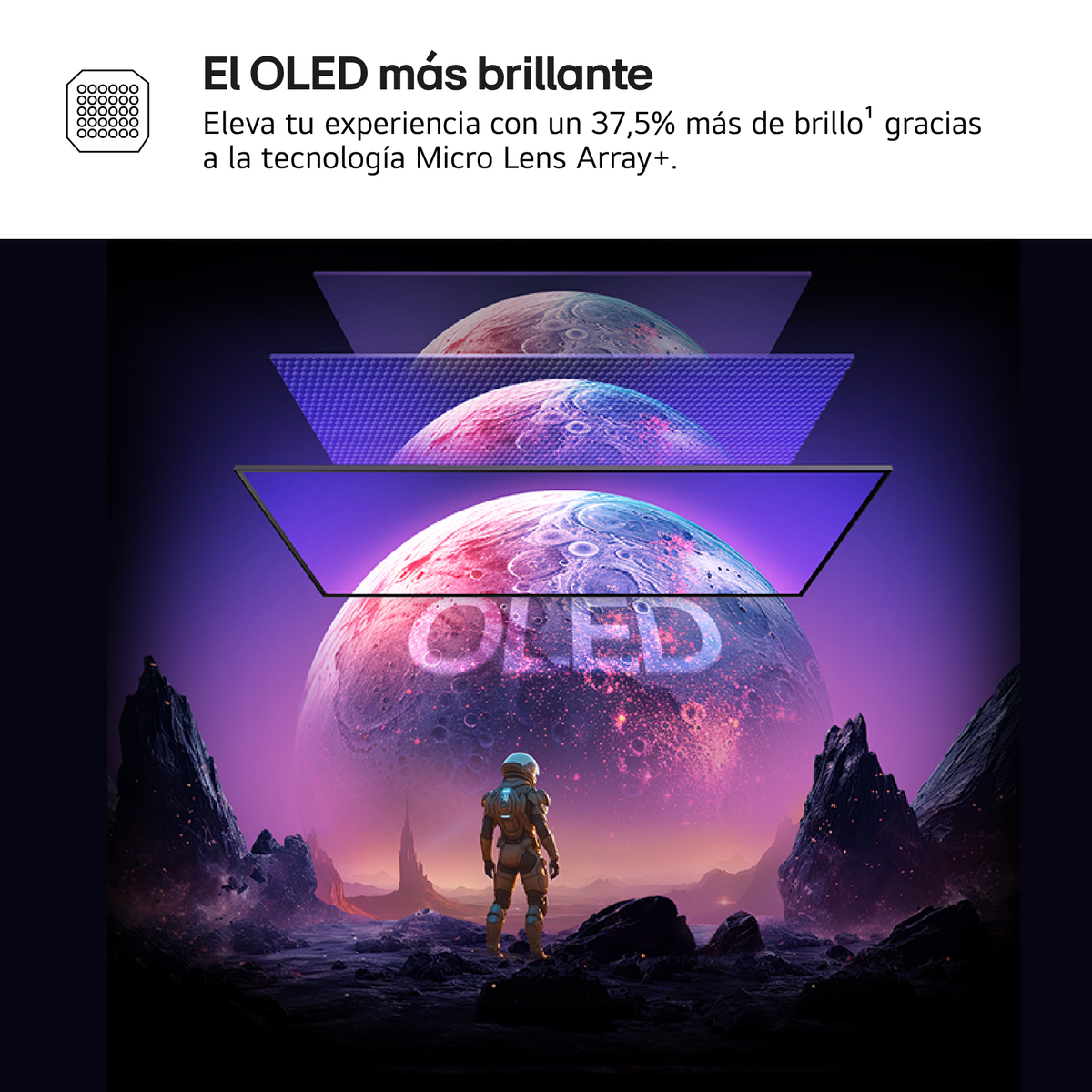 Astronaut stoi przed ekranem OLED z planetą. Scena jest futurystyczna, z kamienistym pierwszym planem i jasnym tłem.