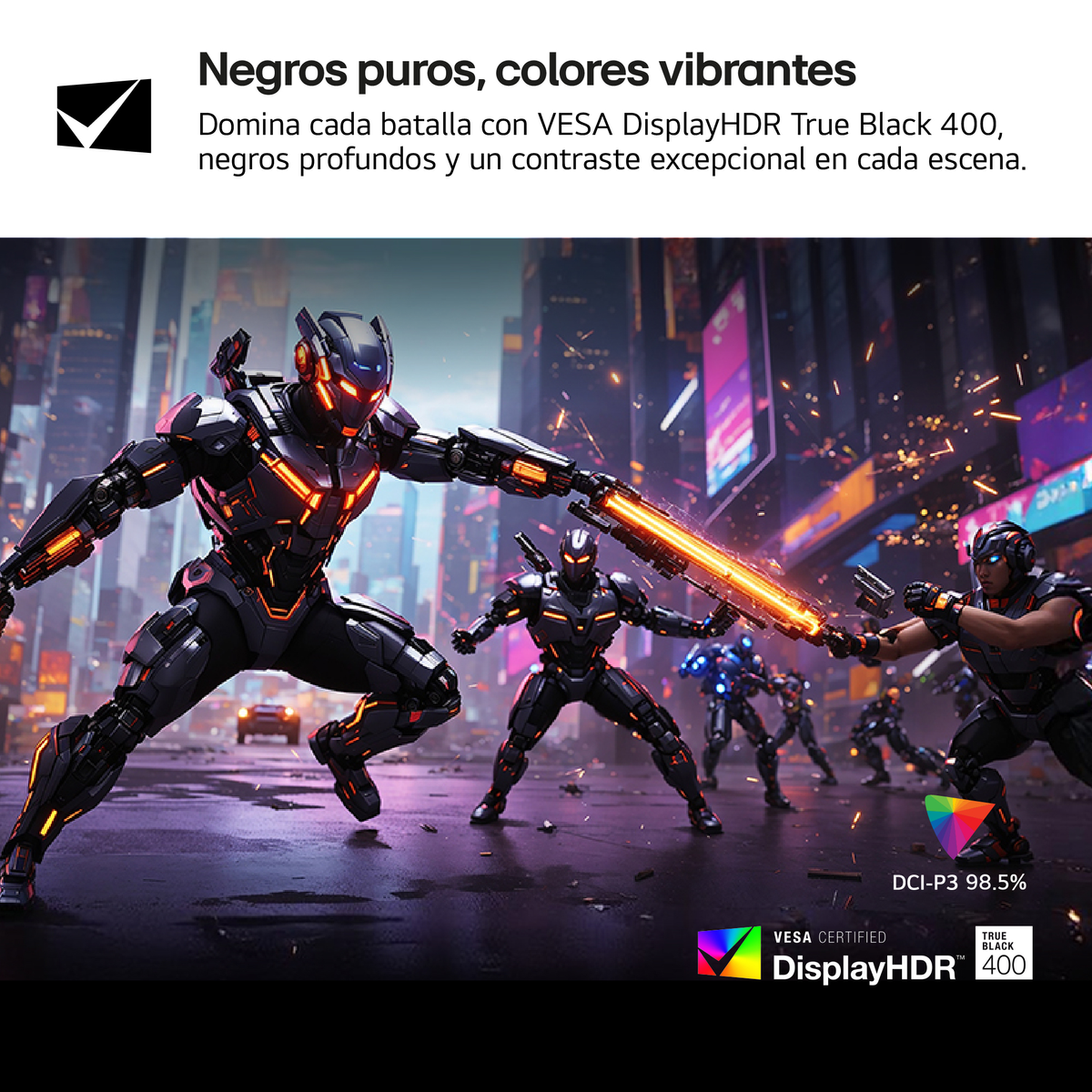 Roboty walczą w futurystycznym mieście. Jedna postać trzyma świecący miecz. Iskry lecą. Loga DisplayHDR.