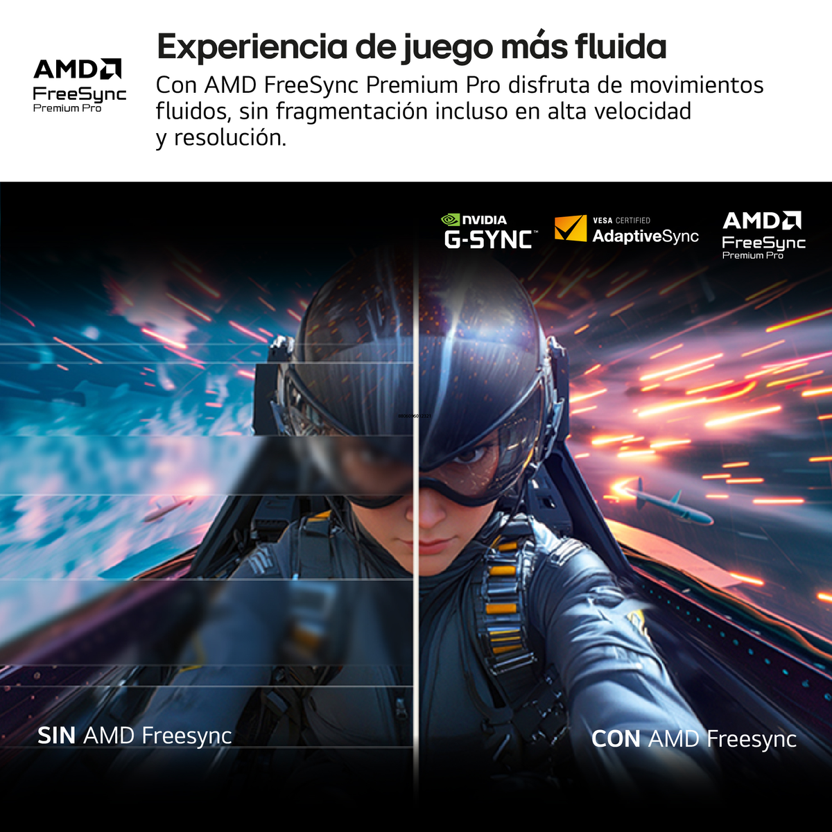 Obraz przedstawia pilota w kokpicie. Lewa strona mówi 'SIN AMD Freesync', a prawa 'CON AMD Freesync'.