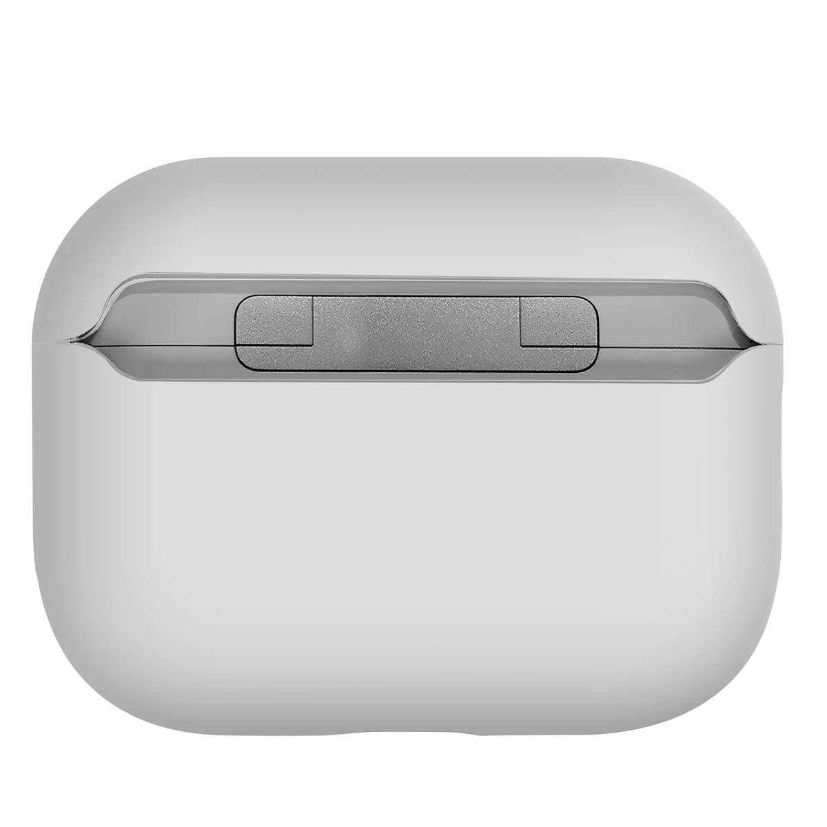 A white, rounded rectangular case with a gray section at the top. The top section has a small, rectangular button.