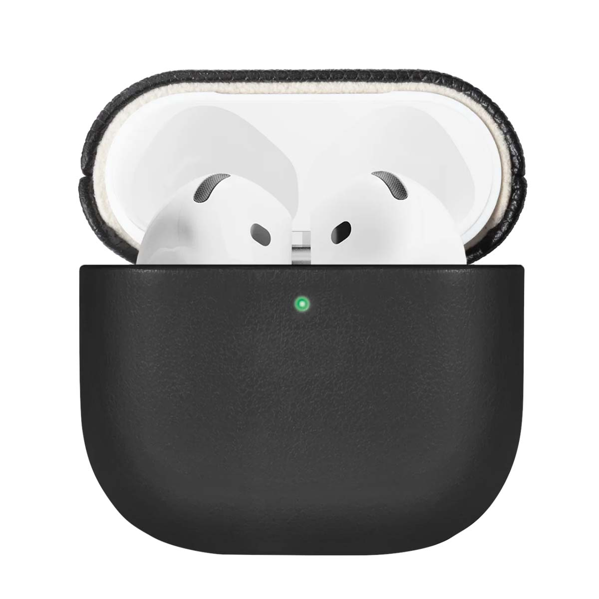Funda negra de AirPods, abierta, revelando AirPods blancos. La funda tiene una luz verde. La parte superior tiene interior blanco y borde negro.
