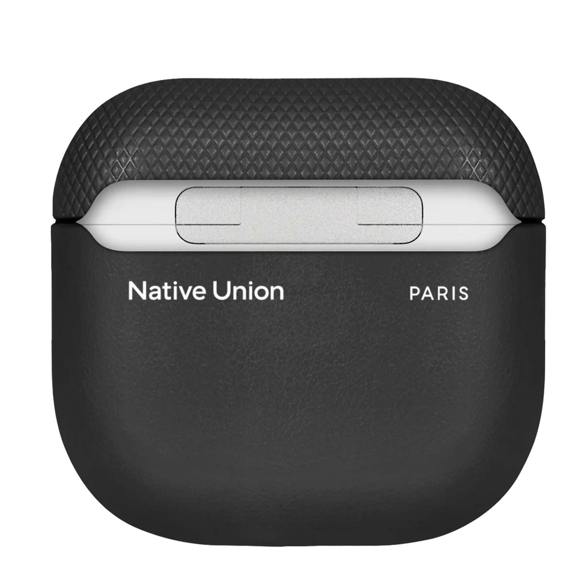 Funda negra para AirPods Native Union. La parte superior tiene un patrón texturizado. Acentos blancos. El texto dice "Native Union" y "PARIS".