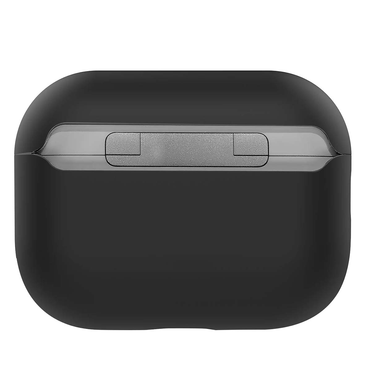 A close-up of a black, rounded rectangular case with a silver-colored hinge and button detail on top.
