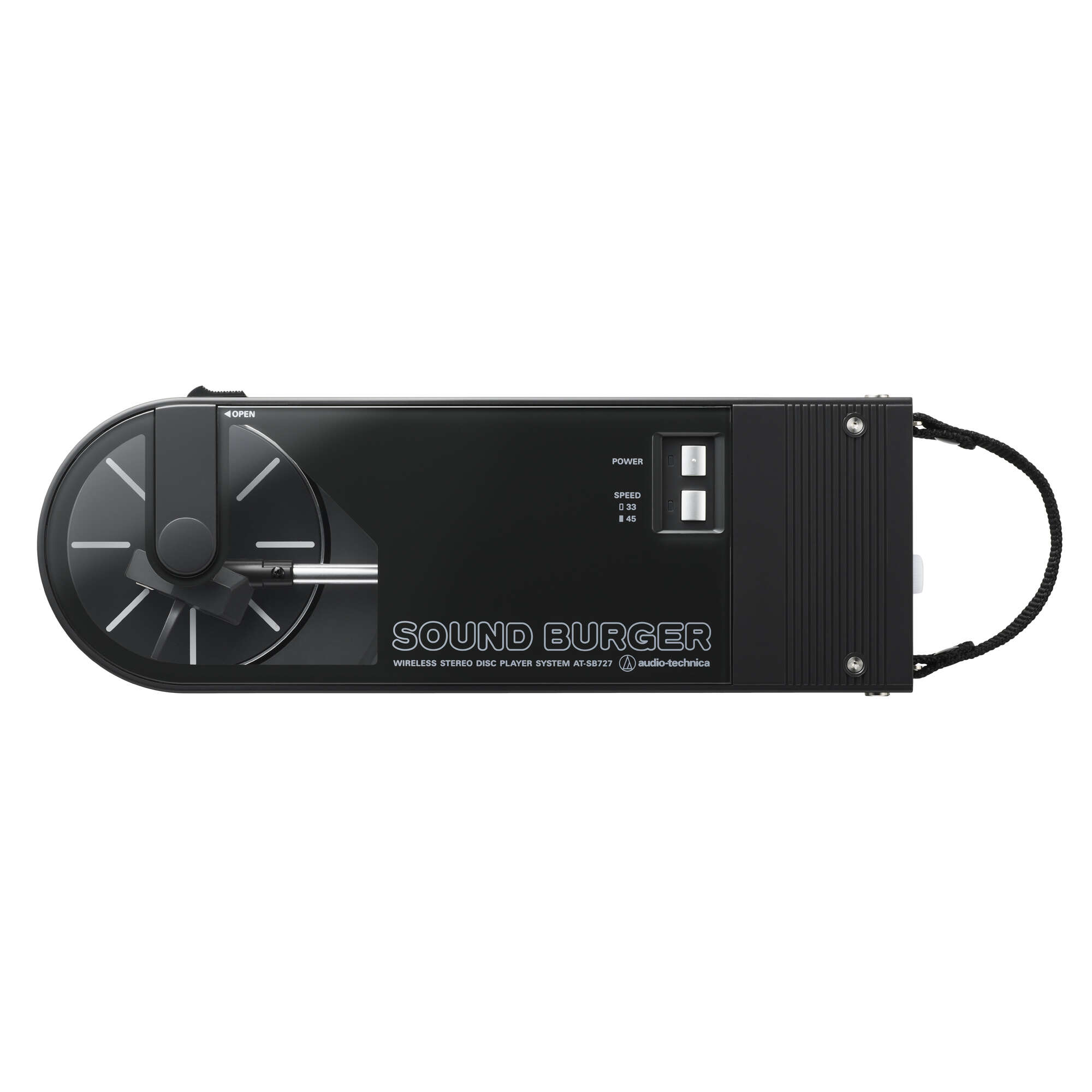 Schwarzer Sound Burger drahtloser Stereo-Disc-Player. Verfügt über einen kreisförmigen Player, Power- und Speed-Tasten und einen Griff.