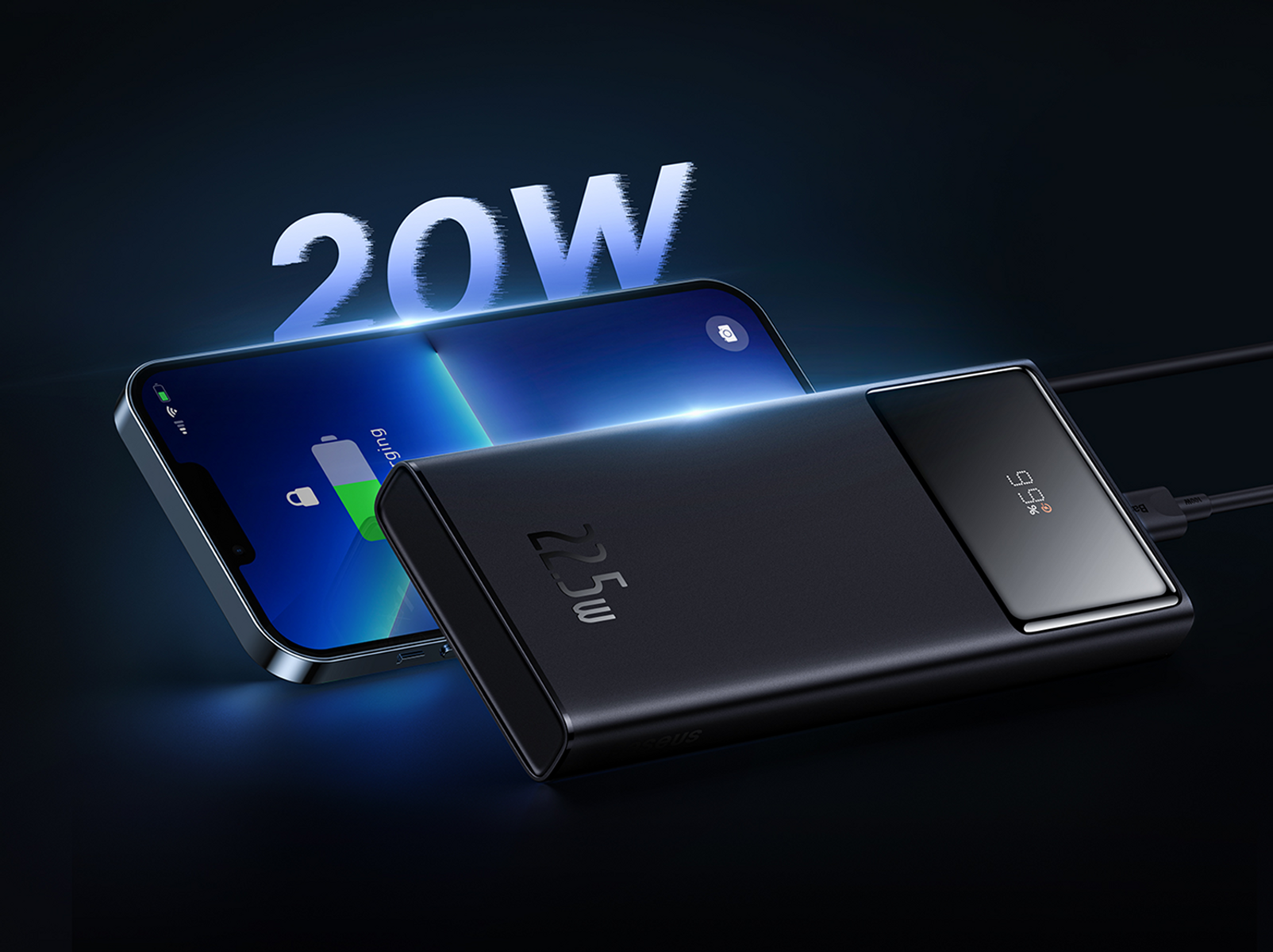 Un telefono in carica con un power bank da 20W. Lo schermo del telefono mostra la carica. Il power bank mostra il 99% di carica.