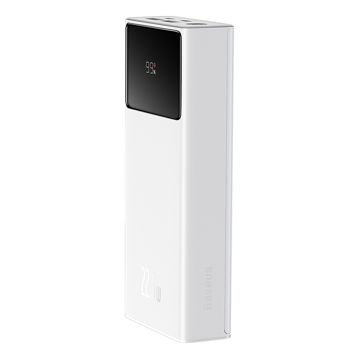 Weiße Powerbank mit schwarzem Bildschirm, der 99 % anzeigt. Hat das Wort Baseus an der Seite und 22,5 W.