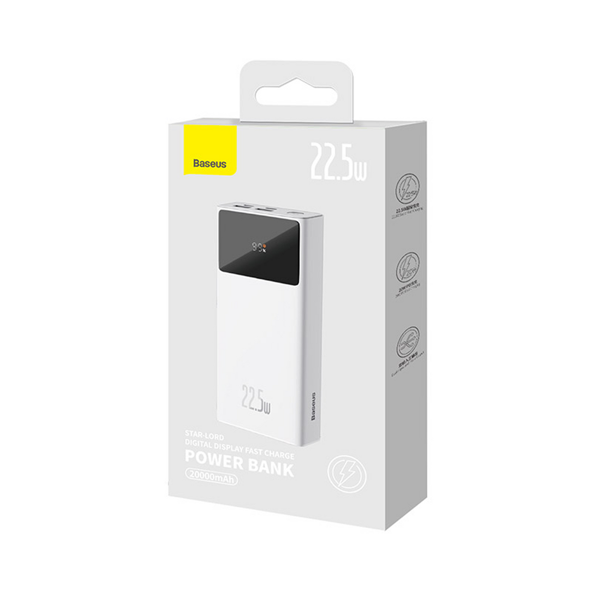 Eine weiße Baseus-Powerbank-Box mit digitaler Anzeige, die 83 % anzeigt. Die Box enthält Details zu 22,5 W Schnellladung und 20000 mAh.