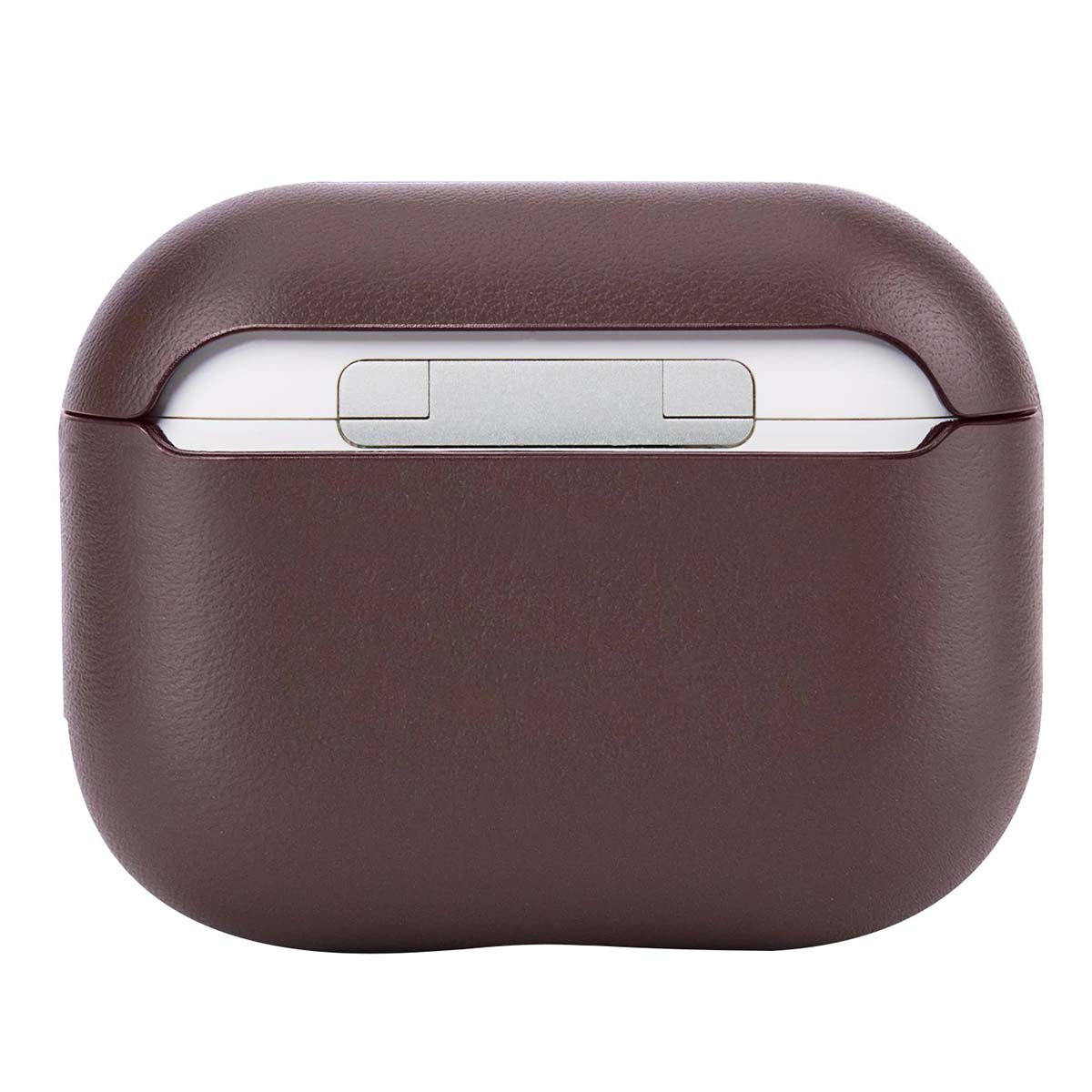 Una funda de cuero marrón para auriculares, con bisagra plateada e interior blanco.