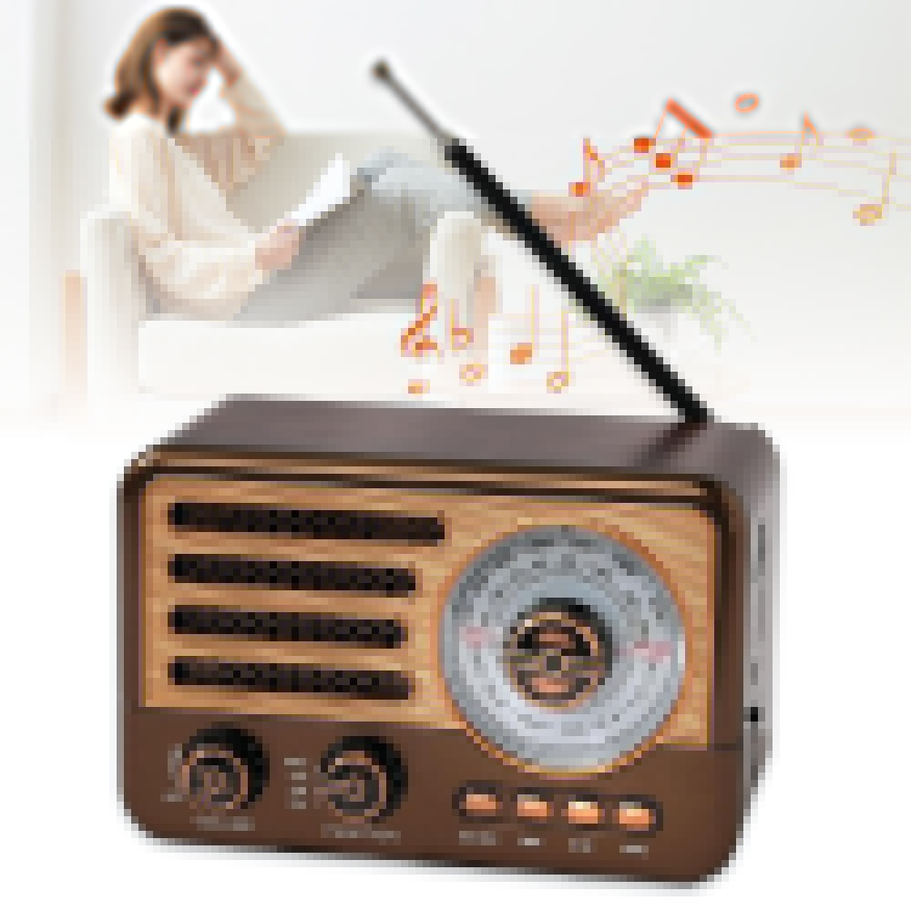 Ein Vintage-Radio mit einer Frau im Hintergrund, die zuhört. Orangefarbene Musiknoten schweben um das Radio herum.