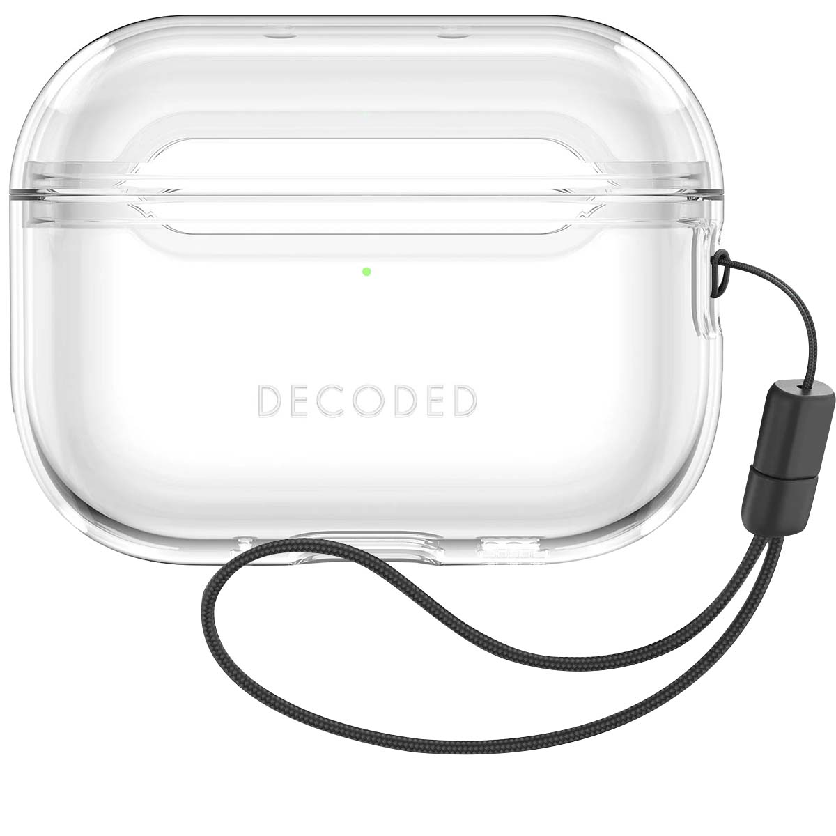 A clear AirPods case with a black lanyard. The case has the word 'DECODED'. A small green light is visible on the case.
